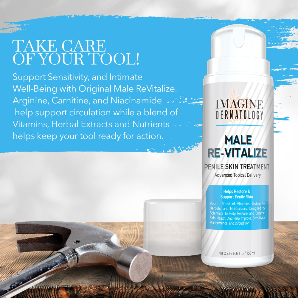 Imagine Dermatology Male Re-Vitalize penile skin treatment bottle with text on a wooden surface.