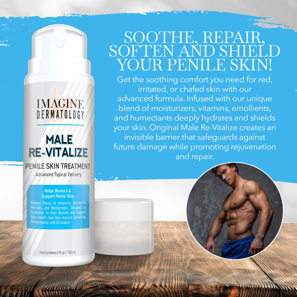 Penile skin treatment product with promotional text and a man in blue underwear on a wooden surface.