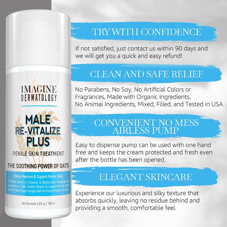 Male Re-Vitalize PLUS - Oats Penile Health Cream for Men - Relieve, Restore and Support Skin - Moisturizing Penile Cream - TSA Compliant Size (3.3 fl oz/100ml)