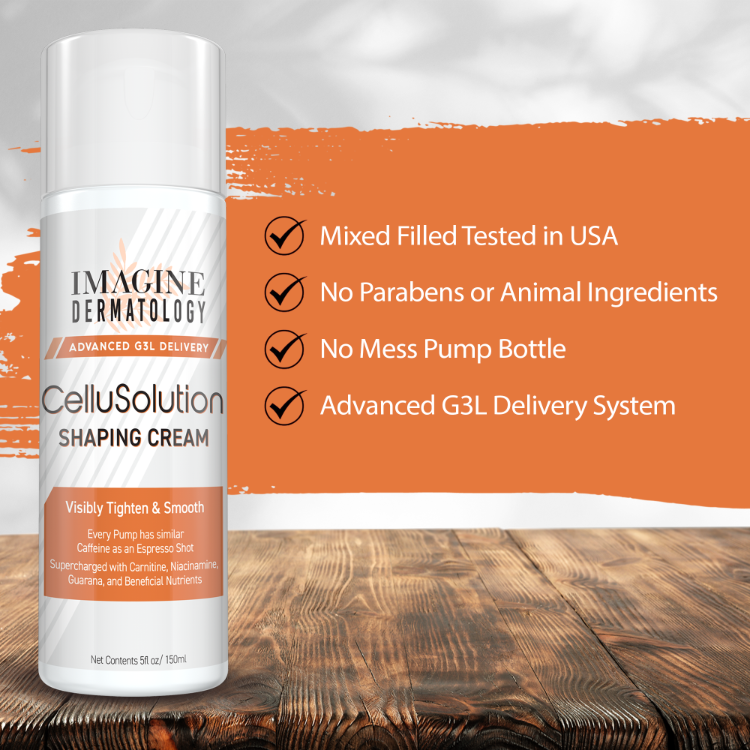 Imagine Dermatology CelluSolution Shaping Cream bottle on a wooden surface with product features listed.