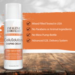 Imagine Dermatology CelluSolution Shaping Cream bottle on a wooden surface with product features listed.