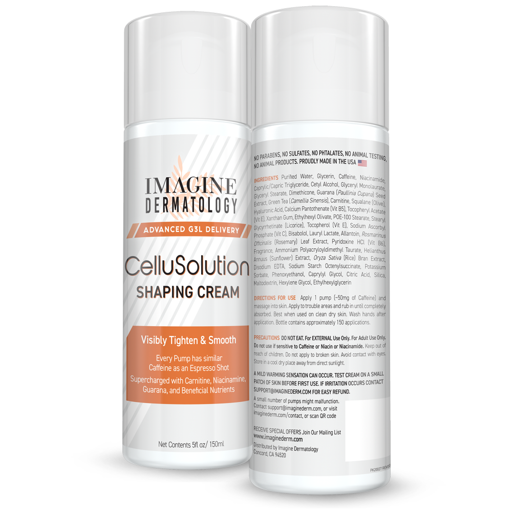 Two bottles of Imagine Dermatology CelluSolution Shaping Cream on a white background