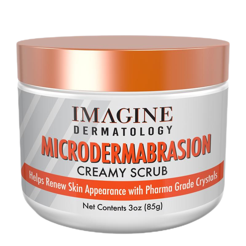 A container of Imagine Microdermabrasion Creamy Scrub with pharma grade crystals, designed for renewing skin appearance.